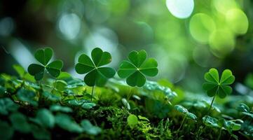 AI generated clover leaves with a beautiful green background photo
