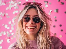 ai generado sonriente rubia mujer con Gafas de sol en rosado antecedentes foto