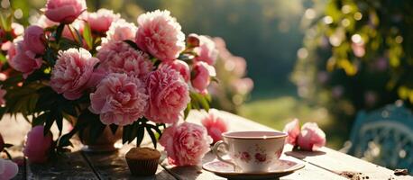 AI generated pink peonies and green vines on a table with a coffee cup and bread photo