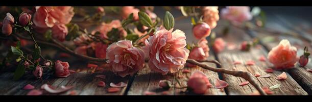 AI generated flowers background in pink on wooden table on a dark background photo