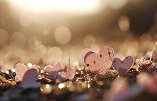 AI generated sparkling pink paper hearts by light shining from the sunlight photo