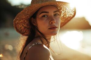 ai generado hermosa mujer en playa foto