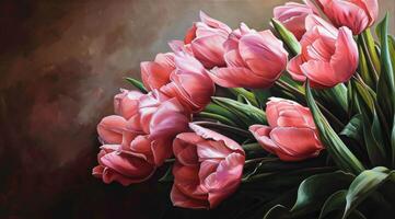 AI generated pink tulips against pink background copy space for text photo