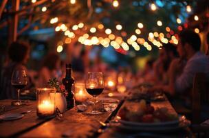 AI generated people are at a dinner under string lights photo