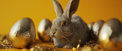 AI generated rabbits behind golden eggs in front of an orange background photo