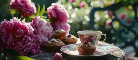 AI generated pink peonies and green vines on a table with a coffee cup and bread photo