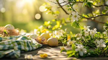 AI generated Easter-themed elements. The lush greenery, blossoming flowers, and scattered eggs photo