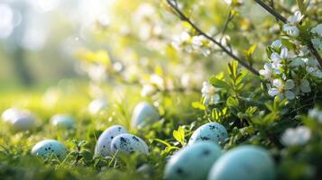 AI generated Easter-themed elements. The lush greenery, blossoming flowers, and scattered eggs photo