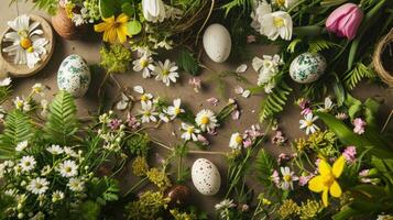 AI generated Easter-themed elements. The lush greenery, blossoming flowers, and scattered eggs photo