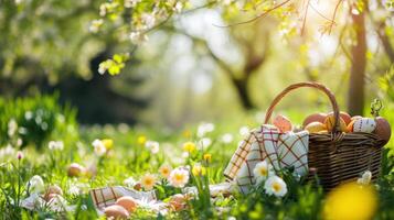 AI generated Easter-themed elements. The lush greenery, blossoming flowers, and scattered eggs photo