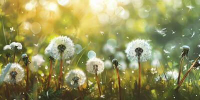 AI generated white dandelions with spring sun background photo