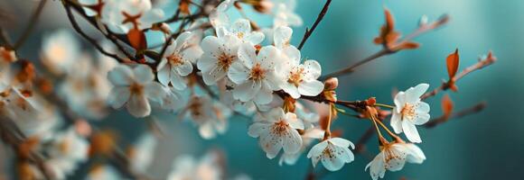 AI generated white cherry blossoms hanging in a blue background photo