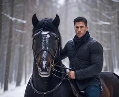 ai generado joven hombre montando un negro caballo con nieve fondo foto