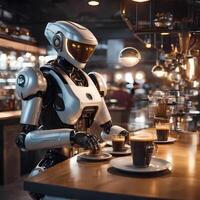 AI generated Robot Sitting At Table In Restaurant photo