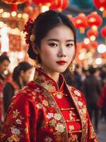 ai generado chino joven mujer celebrando nuevo año foto