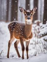 ai generado linda bebé ciervo con nieve antecedentes foto