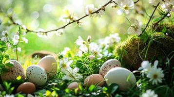 AI generated Easter-themed elements. The lush greenery, blossoming flowers, and scattered eggs photo