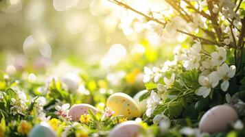 AI generated Easter-themed elements. The lush greenery, blossoming flowers, and scattered eggs photo