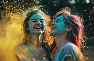 AI generated two smiling young women colorful powder blowing in the air photo