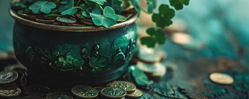 AI generated green container with clover on top of green coins photo