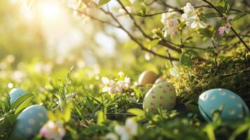 AI generated Easter-themed elements. The lush greenery, blossoming flowers, and scattered eggs photo