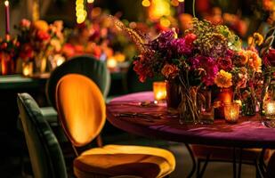 AI generated two tables with colorful chairs and flowers photo