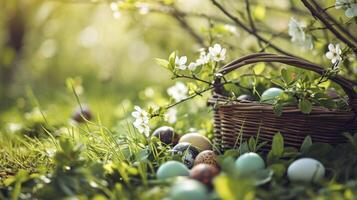 AI generated Easter-themed elements. The lush greenery, blossoming flowers, and scattered eggs photo