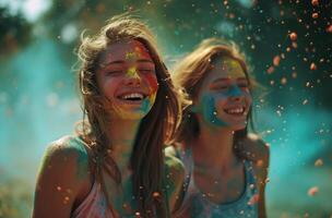 AI generated two smiling young women colorful powder blowing in the air photo