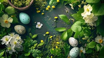 AI generated Easter-themed elements. The lush greenery, blossoming flowers, and scattered eggs photo