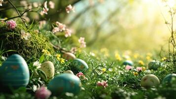 AI generated Easter-themed elements. The lush greenery, blossoming flowers, and scattered eggs photo