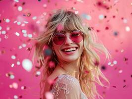 ai generado sonriente rubia mujer con Gafas de sol en rosado antecedentes foto