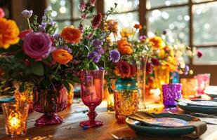 AI generated wedding, christening, or civil event in a rustic setting using colorful glassware photo