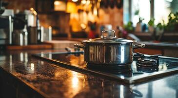 AI generated kitchen pan stands on the stove photo