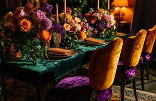 AI generated two tables with colorful chairs and flowers photo
