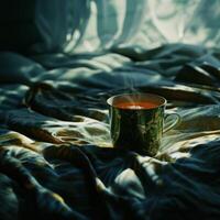 AI generated tea in mug on bed photo