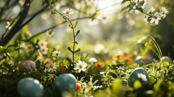 AI generated Easter-themed elements. The lush greenery, blossoming flowers, and scattered eggs photo