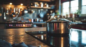 AI generated kitchen pan stands on the stove photo