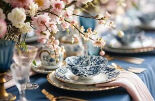 AI generated the blue and white wedding reception table setting is featured photo