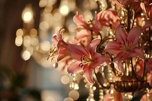 AI generated pink lilies hanging on a gold chandelier with light shining through the flowers photo