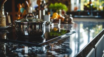 AI generated kitchen pan stands on the stove photo