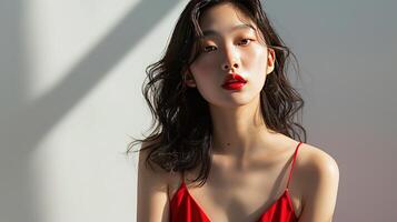 ai generado bello coreano niña modelo, cosmético modelo foto