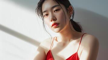 ai generado bello coreano niña modelo, cosmético modelo foto