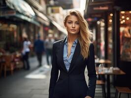 ai generado Fresco y energético 22 año antiguo negocio mujer en un traje,caminando calle foto