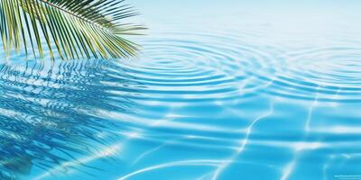 AI generated palm leaf isolated on sunny blue rippled water surface, summer beach holidays background concept with copy space photo