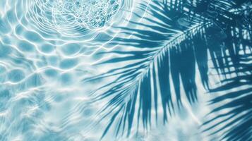 AI generated palm leaf shadow on blue water waves photo