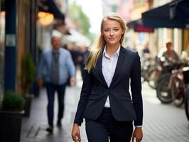 AI generated Fresh and energetic 22 year old business woman in a suit,walking street photo