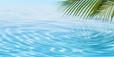 AI generated palm leaf isolated on sunny blue rippled water surface, summer beach holidays background concept with copy space photo