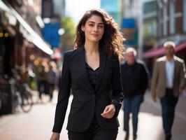 ai generado Fresco y energético 22 año antiguo negocio mujer en un traje,caminando calle foto