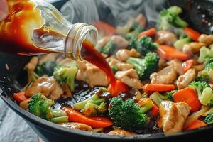 AI generated closeup of steaming stir fry chicken and vegetables with carrots, brocoli, pouring a bottle of chunky relish sauce photo