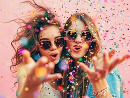 AI generated women in sunglasses and glasses on pink background blowing confetti photo